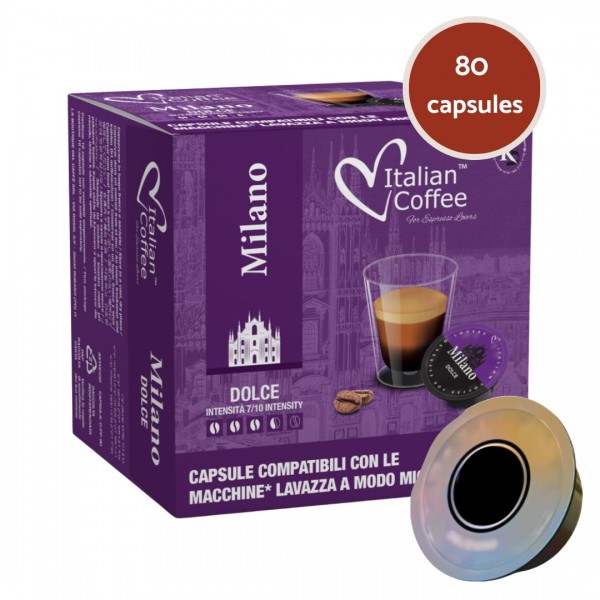 Accueil 80 Capsules Compatibles Lavazza A Modo Mio – Espresso Milano Dolce Italian Coffee ITCMILANOMMIO80
